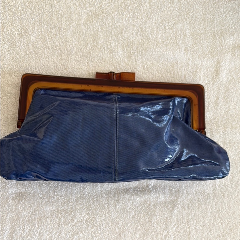 Glossy Blue Clutch with Brown Trim